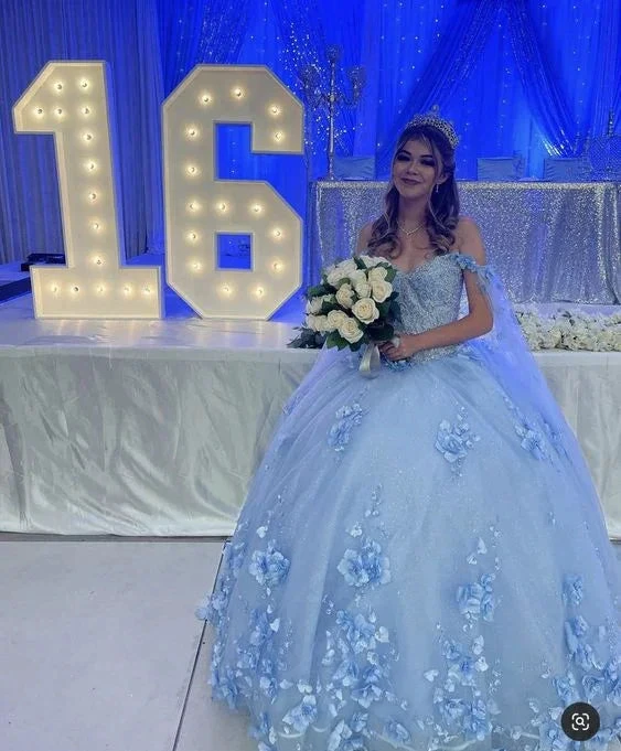 Light Blue Long Dress Cute 3D Applique Off Shoulder Ball Gown Princess Dress Y260 by simplepromdress