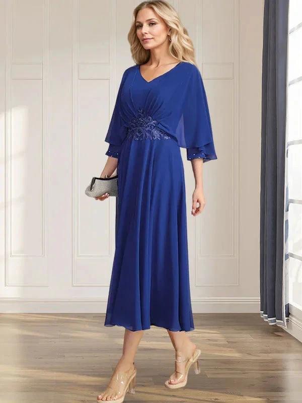 A-line V-Neck Tea-Length Chiffon Mother of the Bride Dress With Pleated Sequins Appliques Lace Beadind by Dreamylily