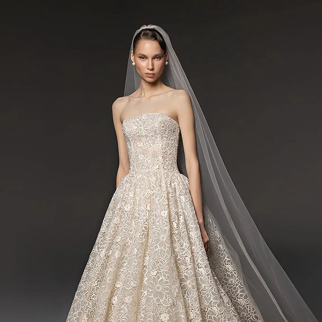 Regal Champagne Strapless Allover Lace Ball Gown Wedding Dress with Veil SW667