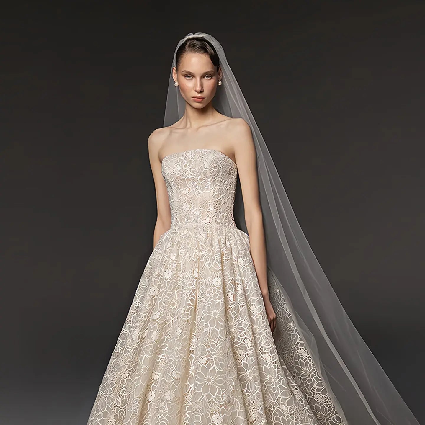 Regal Champagne Strapless Allover Lace Ball Gown Wedding Dress with Veil SW667