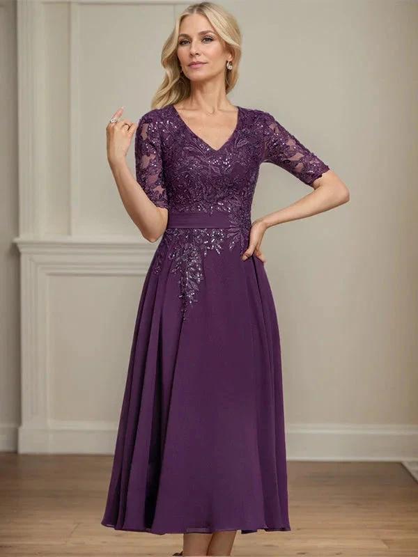 A-line V-Neck Tea-Length Lace Chiffon Mother of the Bride Dress With Sequins by Dreamylily