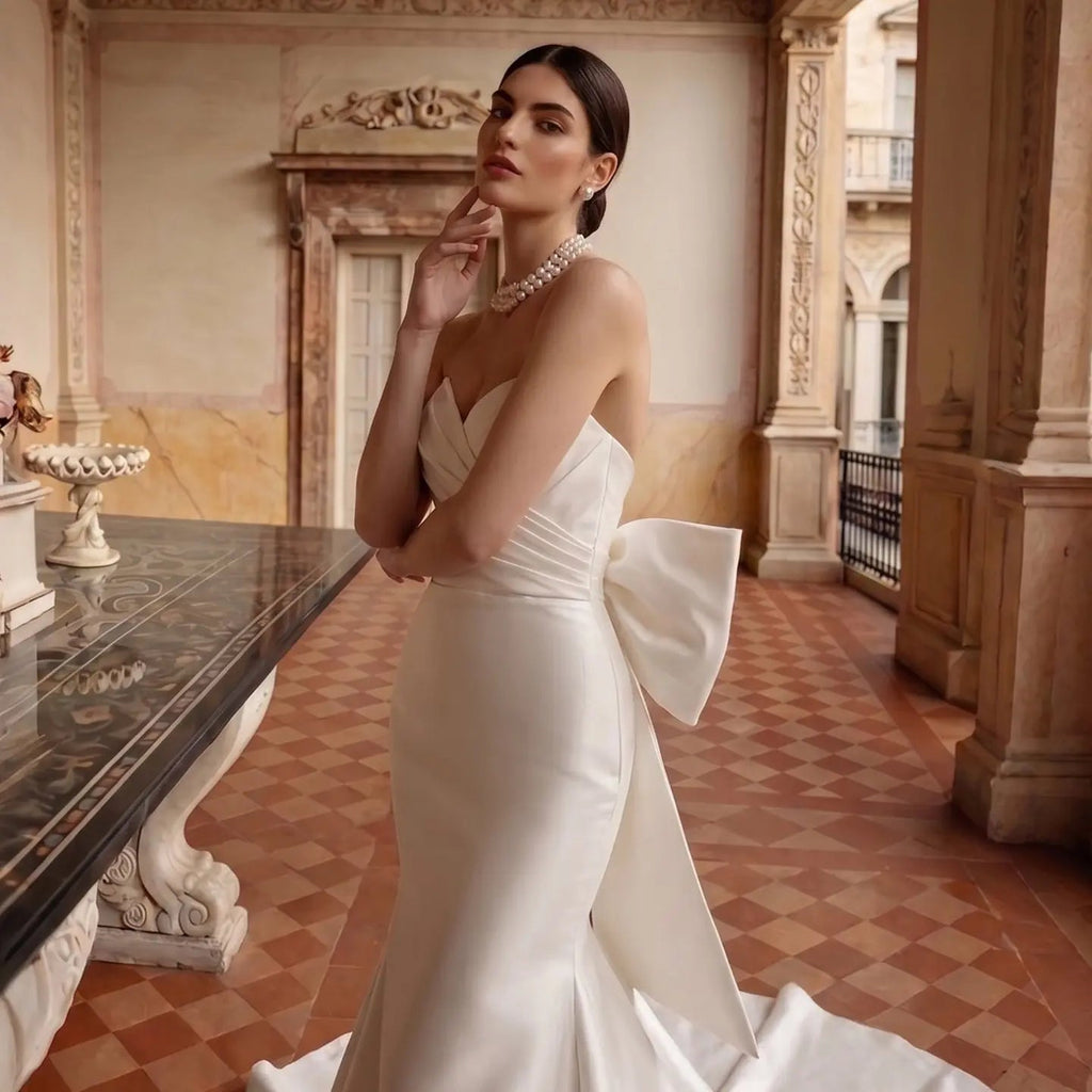 Glamorous Lvory Satin Wedding Dress with Buttons & Train SW718