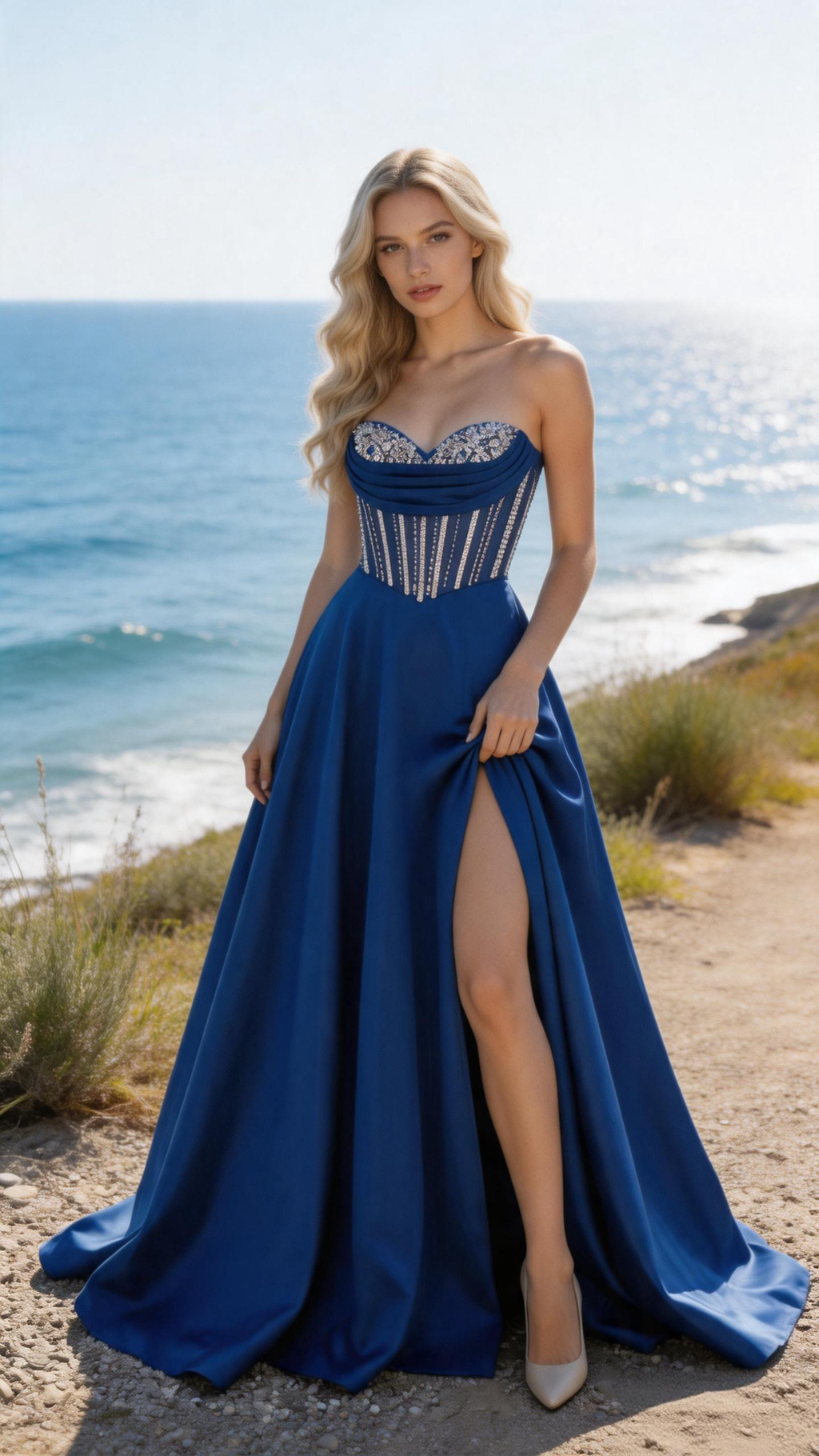 Abito da ballo corsetto senza spalle blu reale   Abito da sera impreziosito da cristalli con spacco