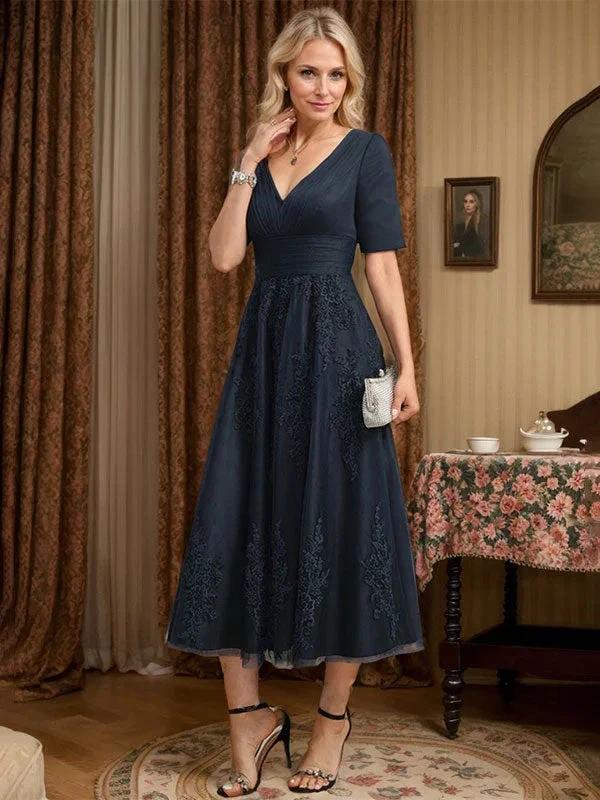 A-line V-Neck Tea-Length Tulle Lace Mother of the Bride Dress With Pleated by Dreamylily