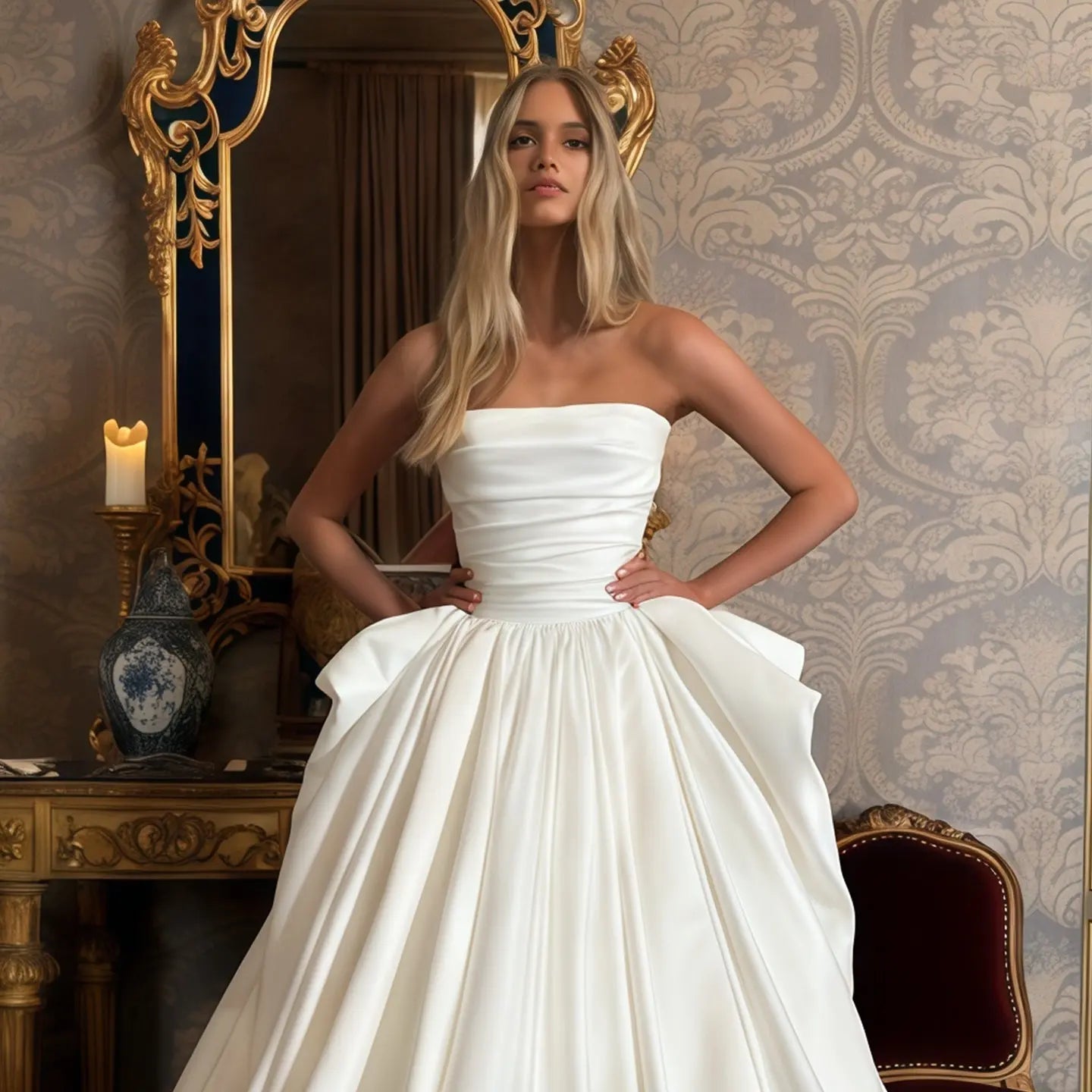 Luxury White Strapless Ruched Satin Ball Gown Wedding Dress SW216