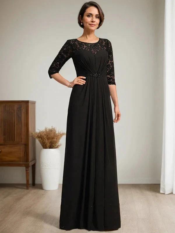 A-Line Scoop Illusion Floor-Length Lace Chiffon Mother Of the Bride Dress With Beading Ruffles by Dreamylily