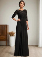 A-Line Scoop Illusion Floor-Length Lace Chiffon Mother Of the Bride Dress With Beading Ruffles by Dreamylily