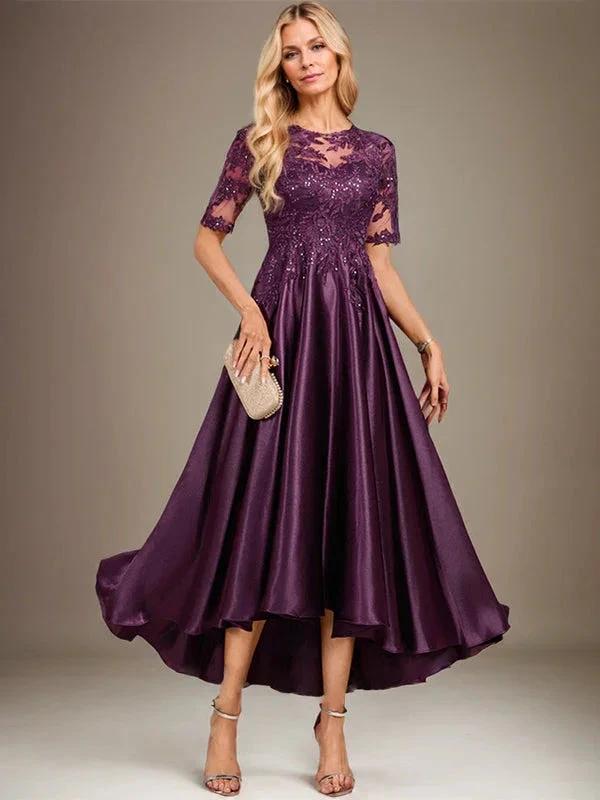A-line Scoop Illusion Asymmetrical Stretch Satin Lace Mother of the Bride Dress With Sequins by Dreamylily