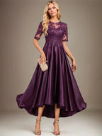 A-line Scoop Illusion Asymmetrical Stretch Satin Lace Mother of the Bride Dress With Sequins by Dreamylily