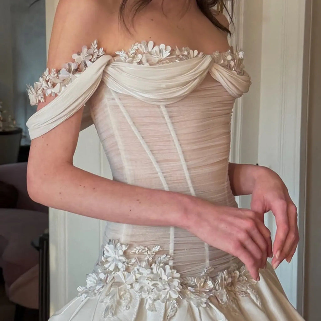 Elegant Ivory Off-the-Shoulder Floral Lace Ball Gown Wedding Dress SW229
