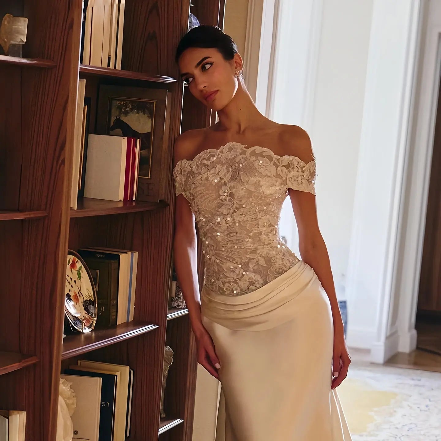 Luxury Ivory Off-the-Shoulder Lace and Satin Mermaid Wedding Dress with Veil SW231