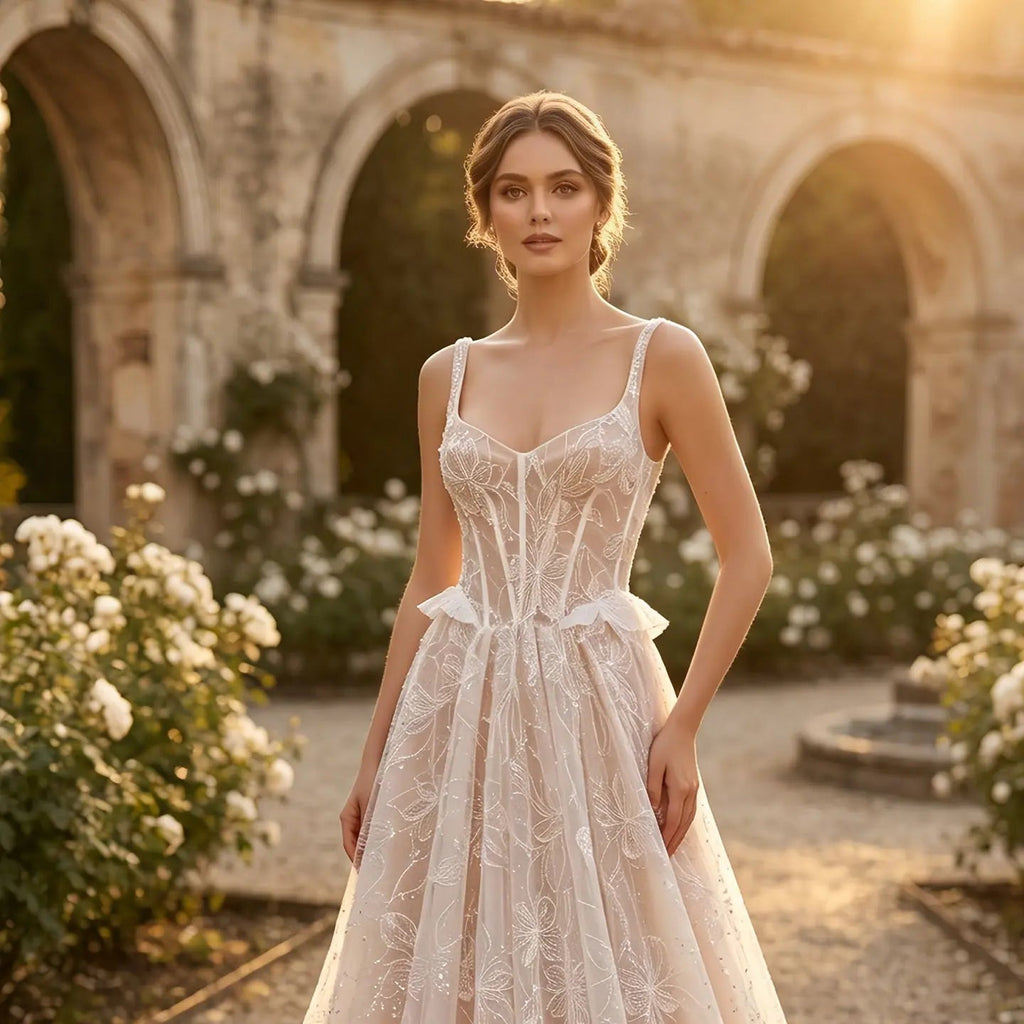 Luxury Ivory Square Neck Corset Lace Tulle A-Line Wedding Dress with Train SW706