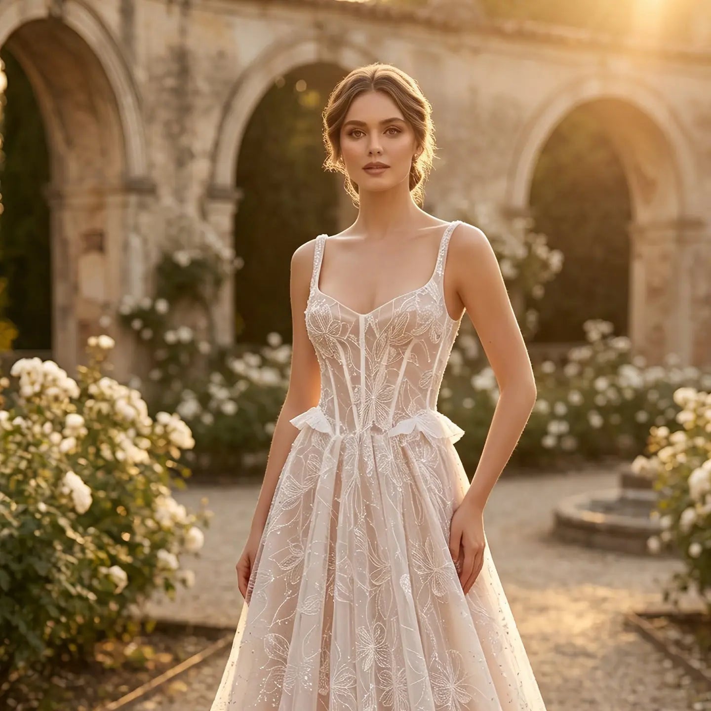 Luxury Ivory Square Neck Corset Lace Tulle A-Line Wedding Dress with Train SW706