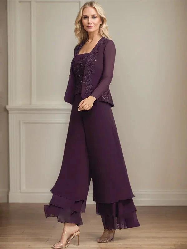 Separates Jumpsuit/Pantsuit Square Ankle-Length Lace Chiffon Mother of the Bride Dress With Sequins by Dreamylily