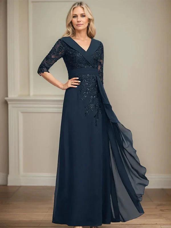 A-line Collared V-Neck Floor-Length Lace Chiffon Mother of the Bride Dress With Sequins Cascading Ruffles by Dreamylily