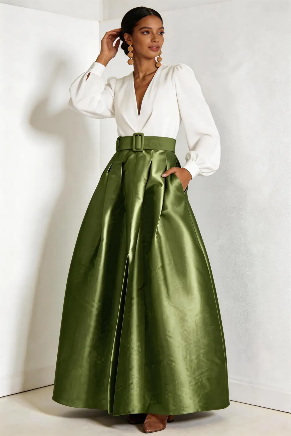 Sage Green Satin High Waist Maxi Skirt, White V-Neck Blouse Two Piece Set by tangjianjun