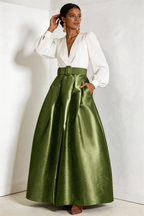 Sage Green Satin High Waist Maxi Skirt, White V-Neck Blouse Two Piece Set by tangjianjun