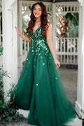 Shelly | A-Line Green V-Neck Sequins Long Prom Dress by KissProm