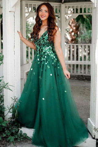 Shelly | A-Linien-Ballkleid mit V-Ausschnitt und Pailletten in Grün