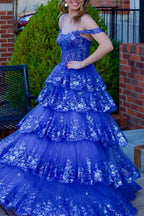 Maureen | Tulle Sequin Cold-Shoulder Ruffle Tiered Long Prom Dress by KissProm