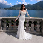 White Boho Romantic Lace Mermaid Wedding Dress Beaded Sequins With Lace Train SW627