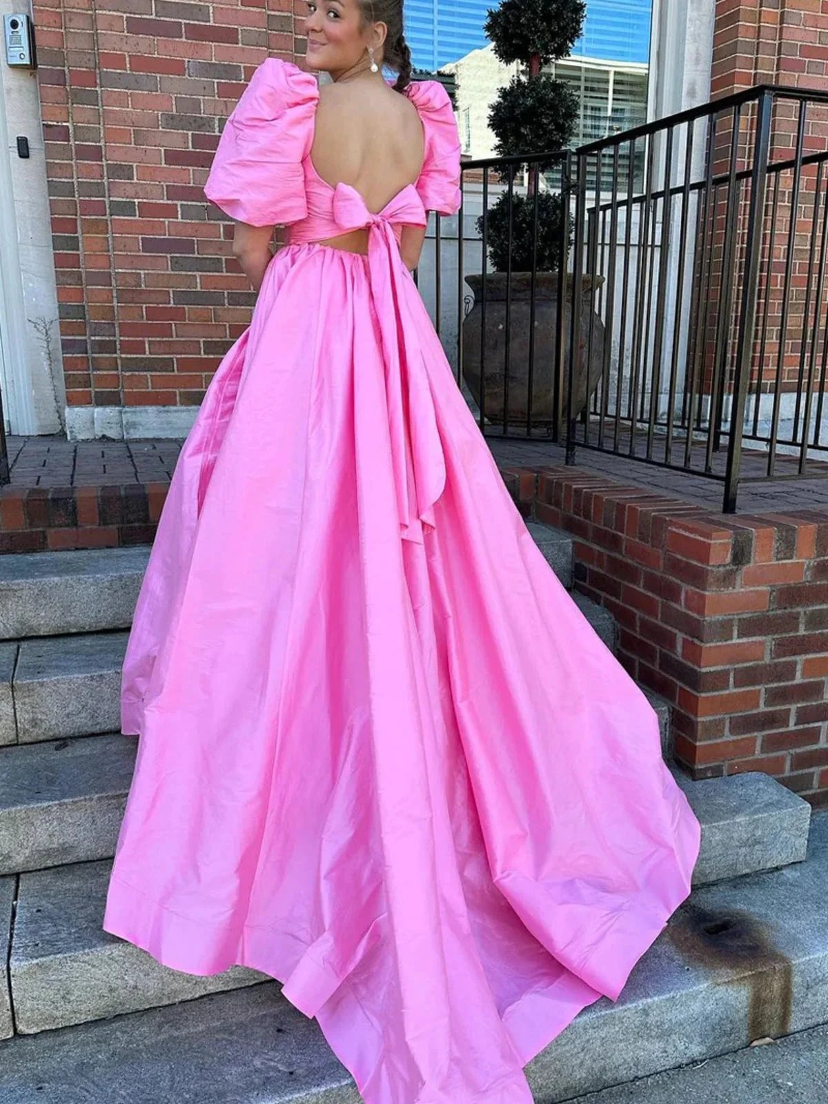 Lynette | Square Neck Fuchsia Puff Sleeves A-Line Prom Dress by KissProm