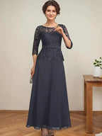 A-line Scoop Illusion Ankle-Length Chiffon Lace Mother of the Bride Dress With Rhinestone Beading by Dreamylily