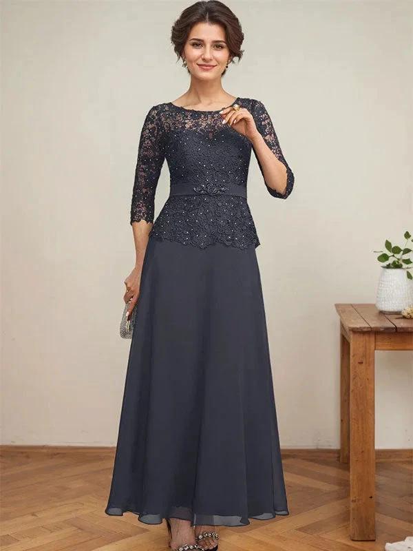 A-line Scoop Illusion Ankle-Length Chiffon Lace Mother of the Bride Dress With Rhinestone Beading by Dreamylily