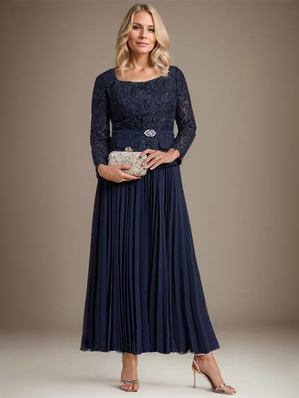 Vestido de gasa para madre de la novia con corte A, cuadrado, largo hasta los tobillos, con pliegues 