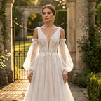 Elegant Ivory V-Neck Detachable Puff Sleeve Lace Tulle Wedding Dress with Train SW708