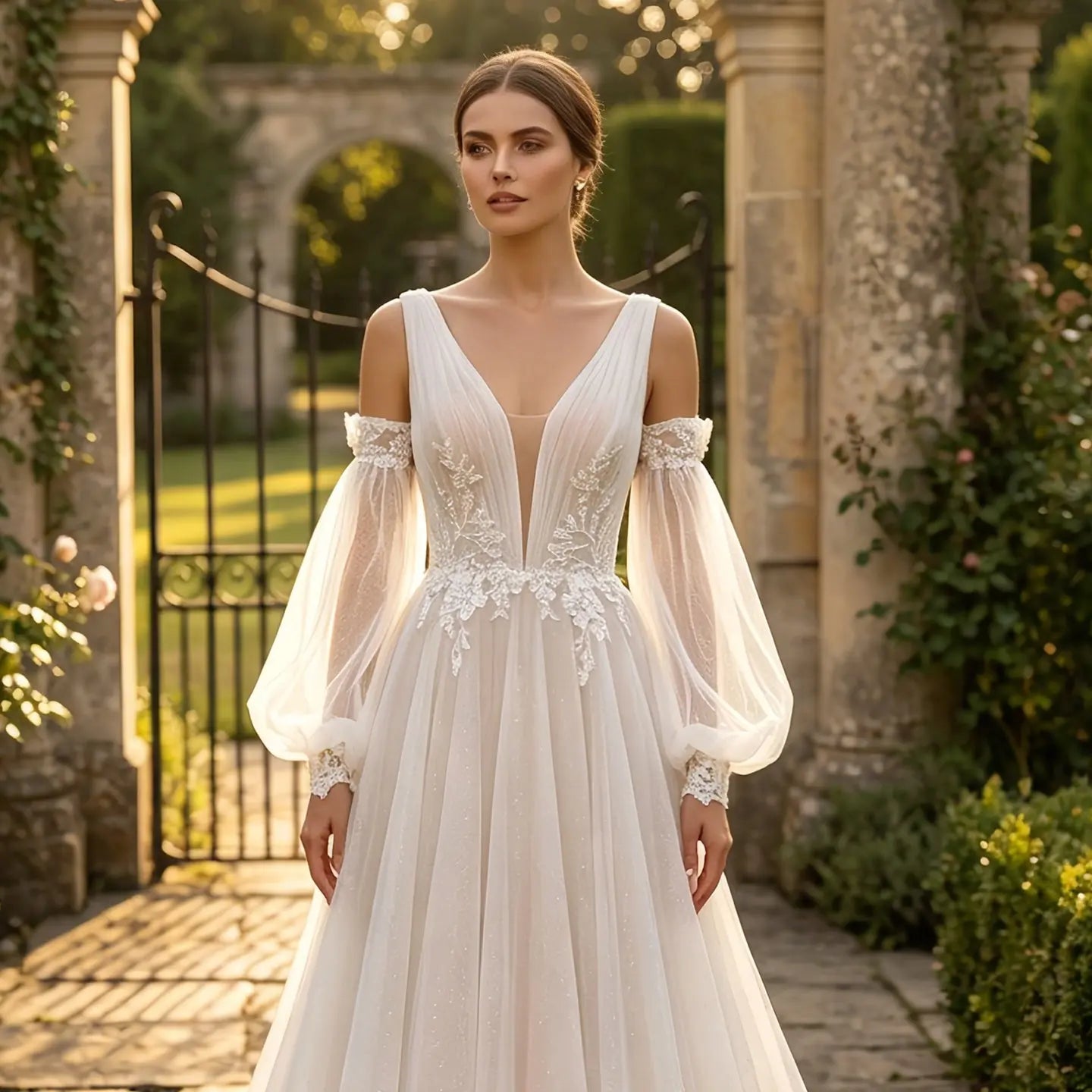 Elegant Ivory V-Neck Detachable Puff Sleeve Lace Tulle Wedding Dress with Train SW708