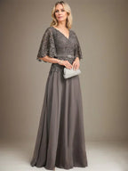 A-line V-Neck Floor-Length Chiffon Lace Mother of the Bride Dress With Crystal Brooch Rhinestone by Dreamylily