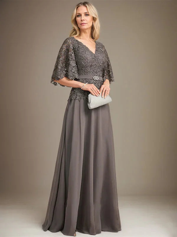 A-line V-Neck Floor-Length Chiffon Lace Mother of the Bride Dress With Crystal Brooch Rhinestone by Dreamylily