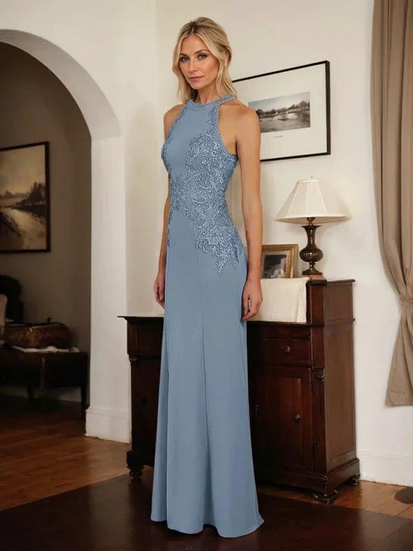 Dusty Blue Sheath Halter Long Mother of Bride Dress With Appliques by Dreamylily