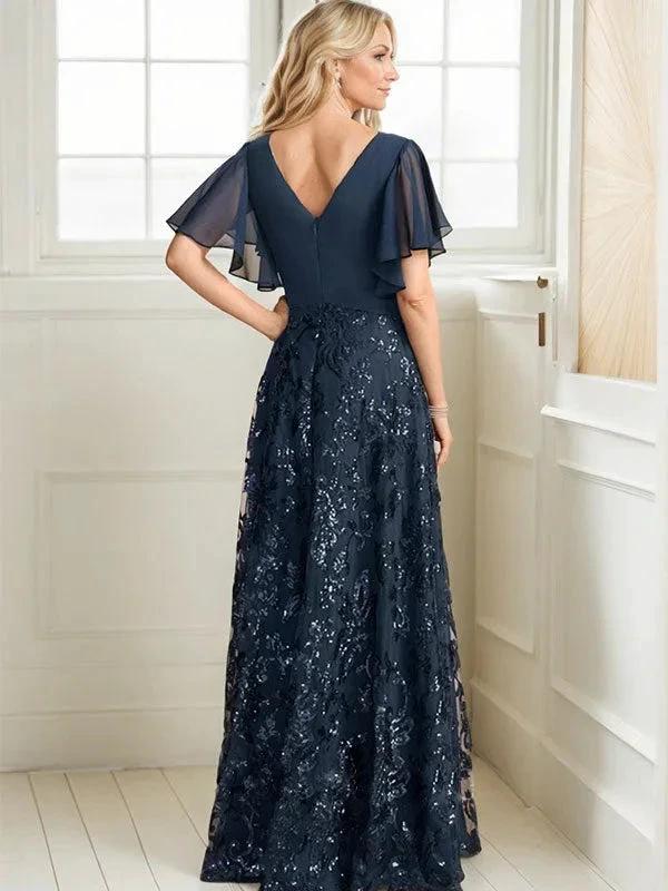 A-line V-Neck Floor-Length Lace Sequin Chiffon Mother of the Bride Dress With Pleated by Dreamylily