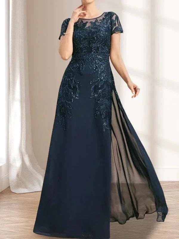 Sheath/Column Scoop Illusion Floor-Length Lace Chiffon Mother of the Bride Dress With Sequins by Dreamylily