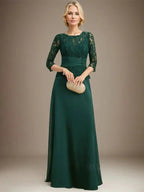 A-line Scoop Illusion Floor-Length Chiffon Lace Mother of the Bride Dress With Pleated Sequins Beading by Dreamylily