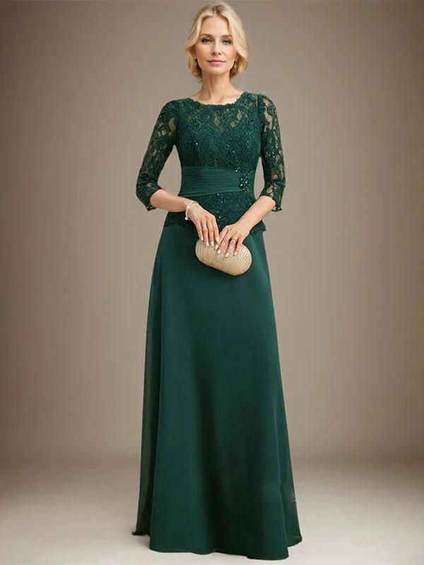 A-line Scoop Illusion Floor-Length Chiffon Lace Mother of the Bride Dress With Pleated Sequins Beading by Dreamylily