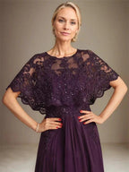 A-line Boat Neck Floor-Length Lace Chiffon Mother of the Bride Dress With Applique Sequins by Dreamylily