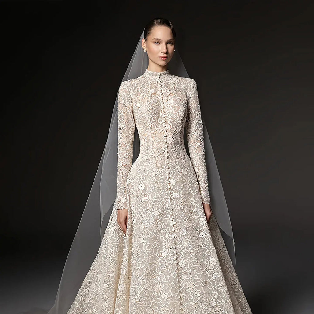 Luxury Champagne High Neck Long Sleeve Lace A-Line Wedding Dress with Buttons SW669