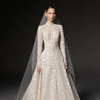 Luxury Champagne High Neck Long Sleeve Lace A-Line Wedding Dress with Buttons SW669