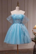 Blue Off The Shoulder Beading Appliques Tulle Short Homecoming Dresses by Cicinia