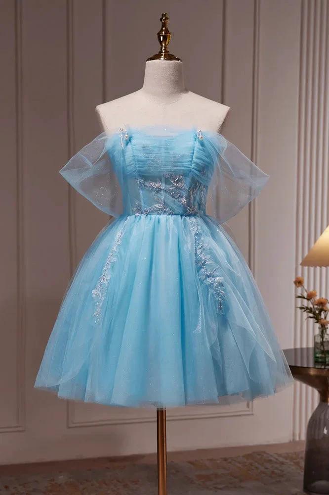 Blue Off The Shoulder Beading Appliques Tulle Short Homecoming Dresses by Cicinia