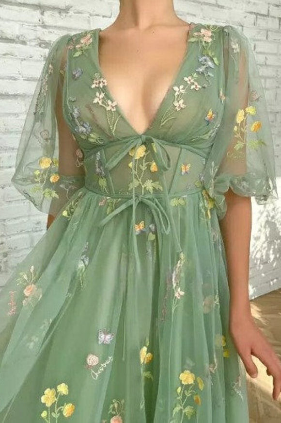 Green V Neck Short Sleeves Ankle Length Floral Tulle Short Prom Dresses Main Image
