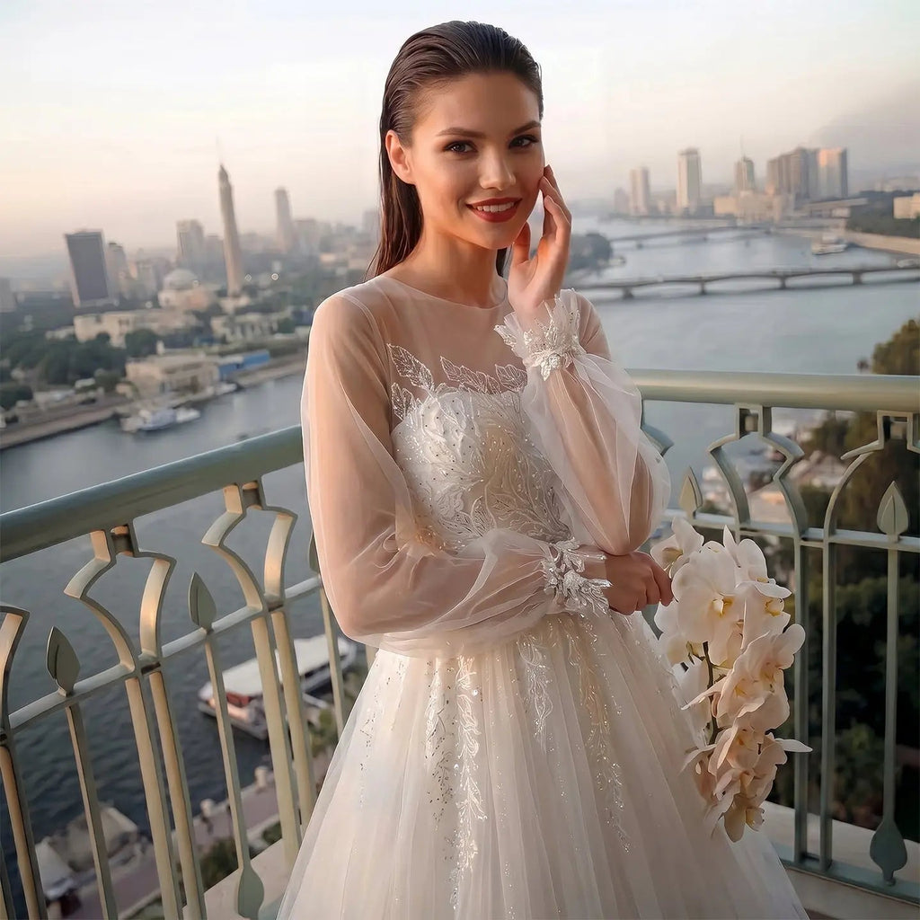 Elegant White Long Sheer Sleeve A-Line Tulle Wedding Dress with Lace Appliqués SW713