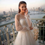 Elegant White Long Sheer Sleeve A-Line Tulle Wedding Dress with Lace Appliqués SW713