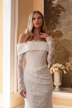 White Long Sleeve Corset Mermaid Bridal Gown with Cathedral Train SW674