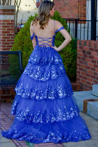 Maureen | Langes Ballkleid aus Tüll mit Pailletten, schulterfreien Rüschen und Stufen