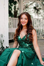 Shelly | A-Line Green V-Neck Sequins Long Prom Dress by KissProm