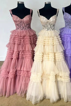 Elina | Red Tulle Off-the-Shoulder Ruffle Tiered Long Prom Dress by KissProm
